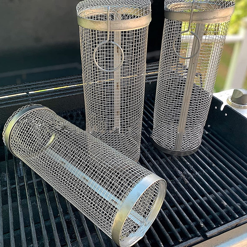 Cesta rolante para churrasco - aço inoxidável