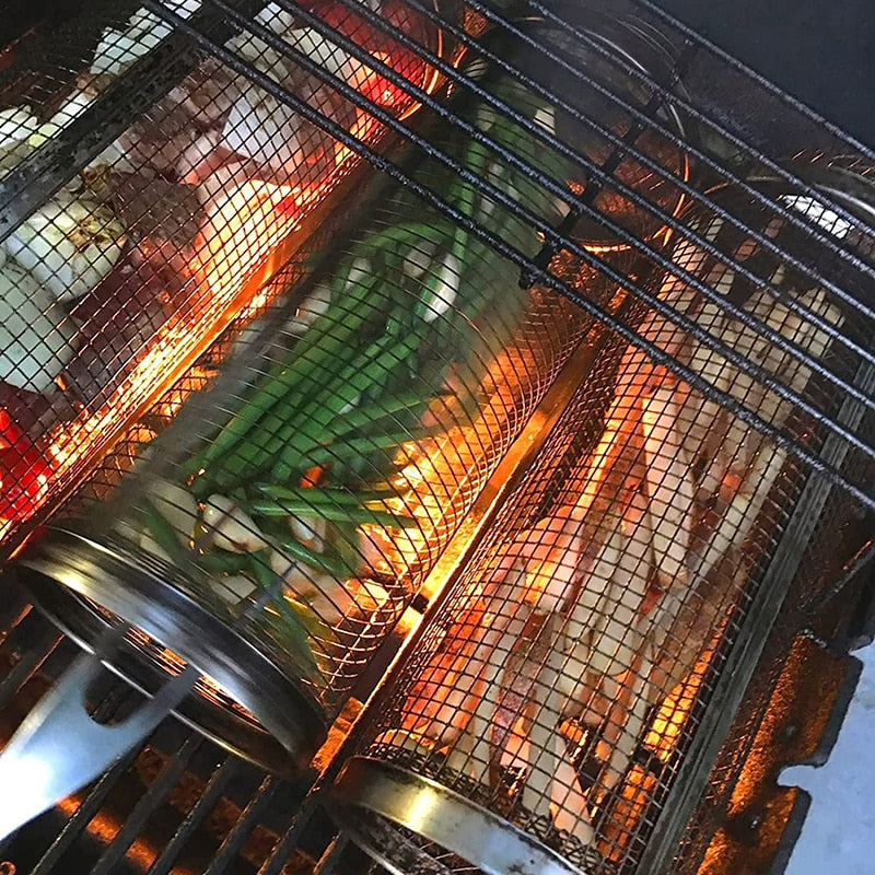 Cesta rolante para churrasco - aço inoxidável